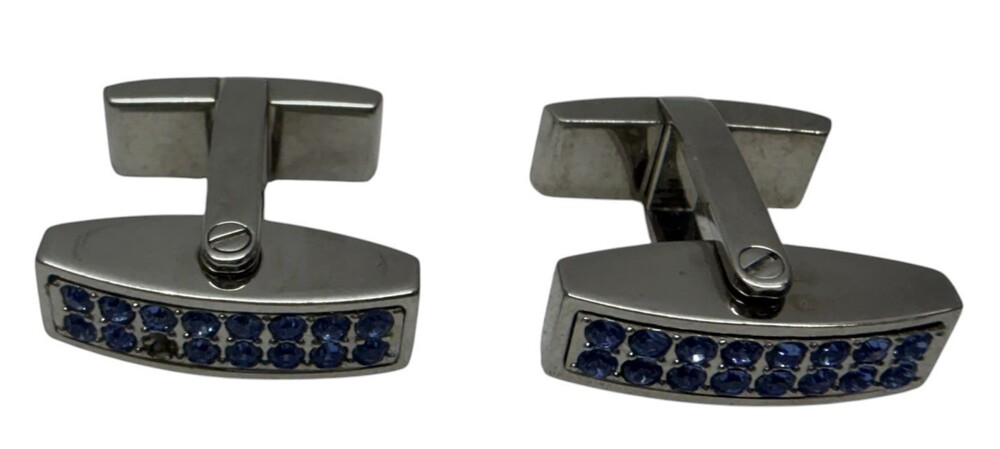 Swarovski Men’s Cufflinks Blue Crystal Silver Tone Curved Missing A Stone
